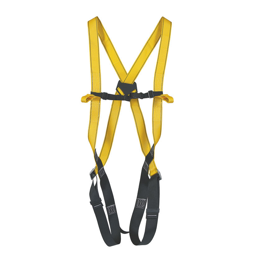 Arnés de seguridad Safetop Trevinca amarillo y negro con puntos de anclaje dorsal y frontal.