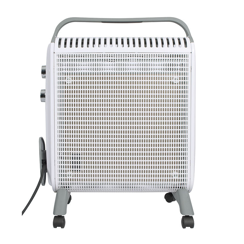 Vista frontal del radiador eléctrico HABITEX Tandem con rejilla de seguridad blanca