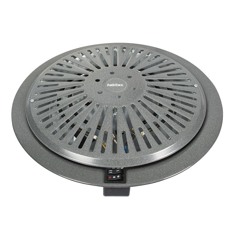 Brasero eléctrico HABITEX Premium color gris con rejilla circular y doble interruptor de potencia.