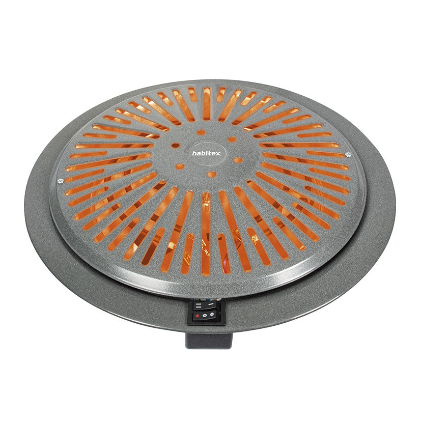 Brasero HABITEX Premium encendido mostrando las resistencias internas con iluminación naranja de calor.