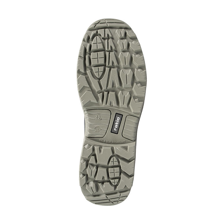 Suela de doble densidad PU/PU del zapato RATIO Teide con relieve antideslizante SRC resistente a aceites e hidrocarburos.