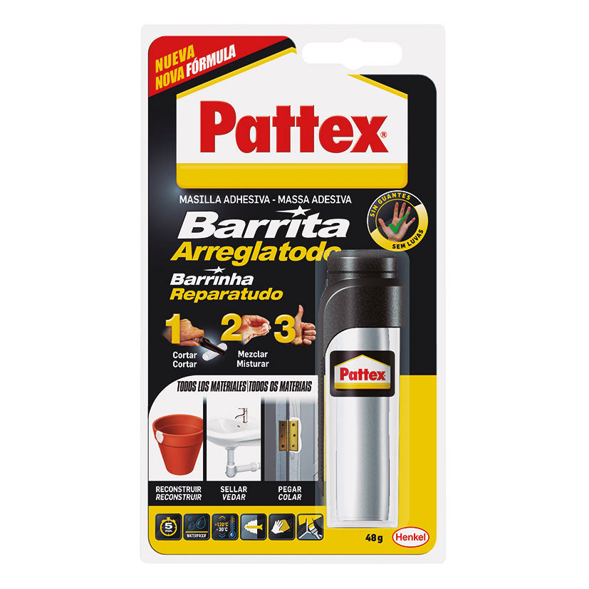 Blíster de Pattex Barrita Arreglatodo 48g con instrucciones de uso y aplicaciones en macetas y tuberías