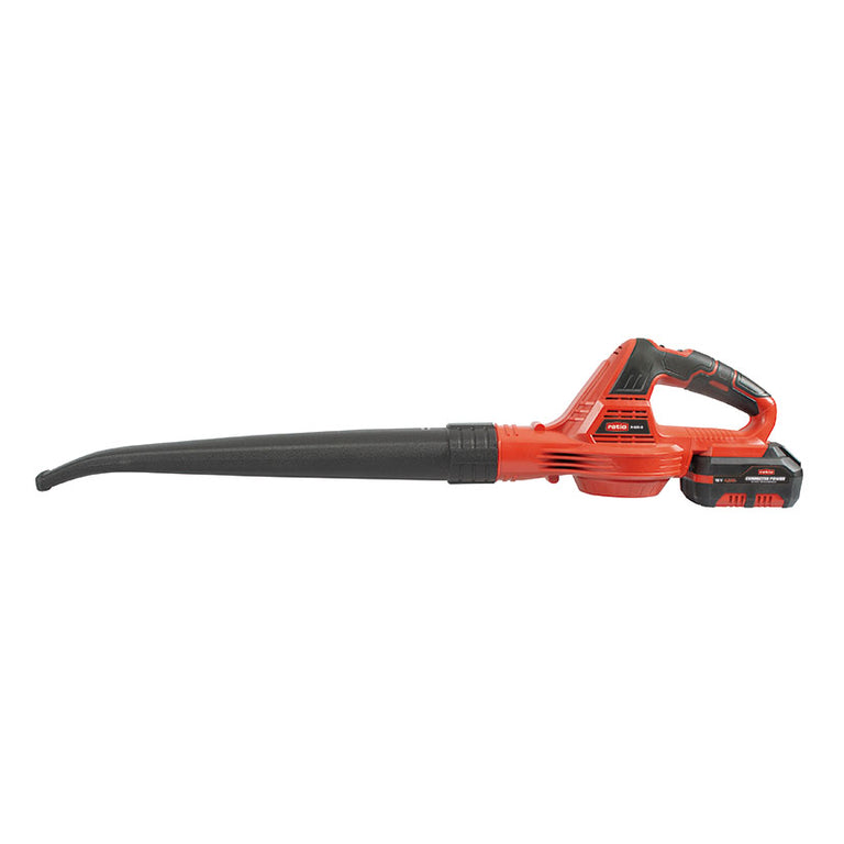 Vista lateral del soplador RATIO R-S20-B mostrando la empuñadura ergonómica y batería Connected Power acoplada.