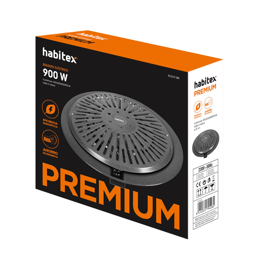 Caja de embalaje del brasero eléctrico HABITEX Premium 900W con iconos de eficiencia energética y ahorro.