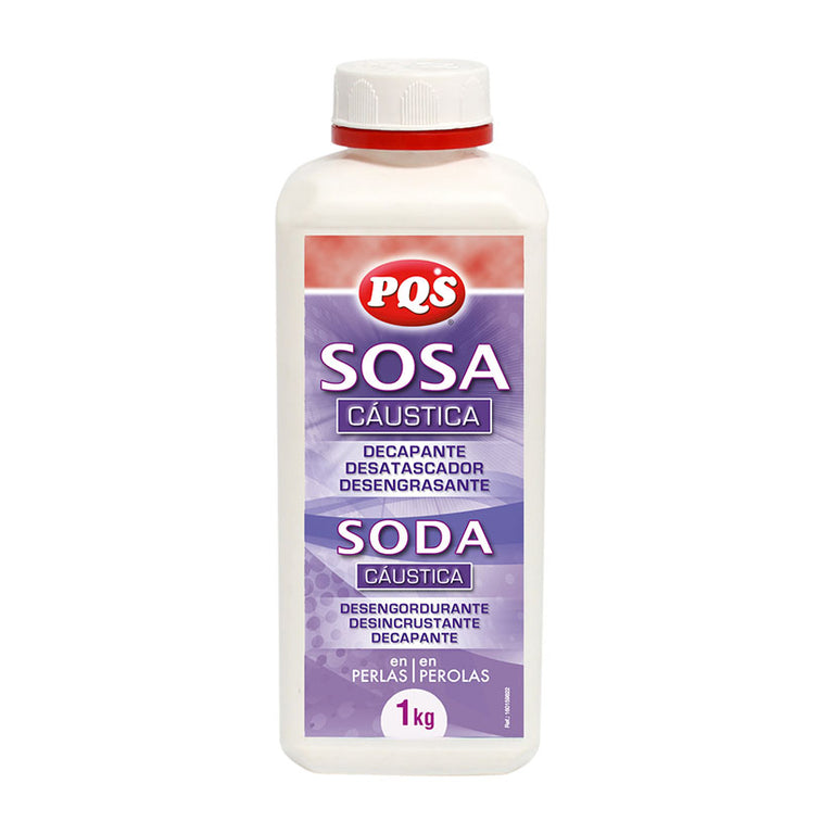 Bote de 1kg de sosa cáustica en perlas PQS, desatascador, decapante y desengrasante de alta pureza