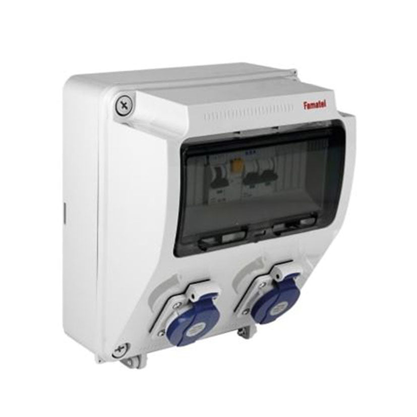 Armario industrial Famatel IP65 con 2 tomas y protección magnetotérmica bajo tapa transparente