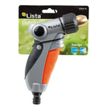 Pistola de riego metálica LISTA Ergometal N16 en blister con boquilla de latón y selector de chorro regulable.