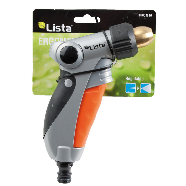 Pistola de riego metálica LISTA Ergometal N16 en blister con boquilla de latón y selector de chorro regulable.