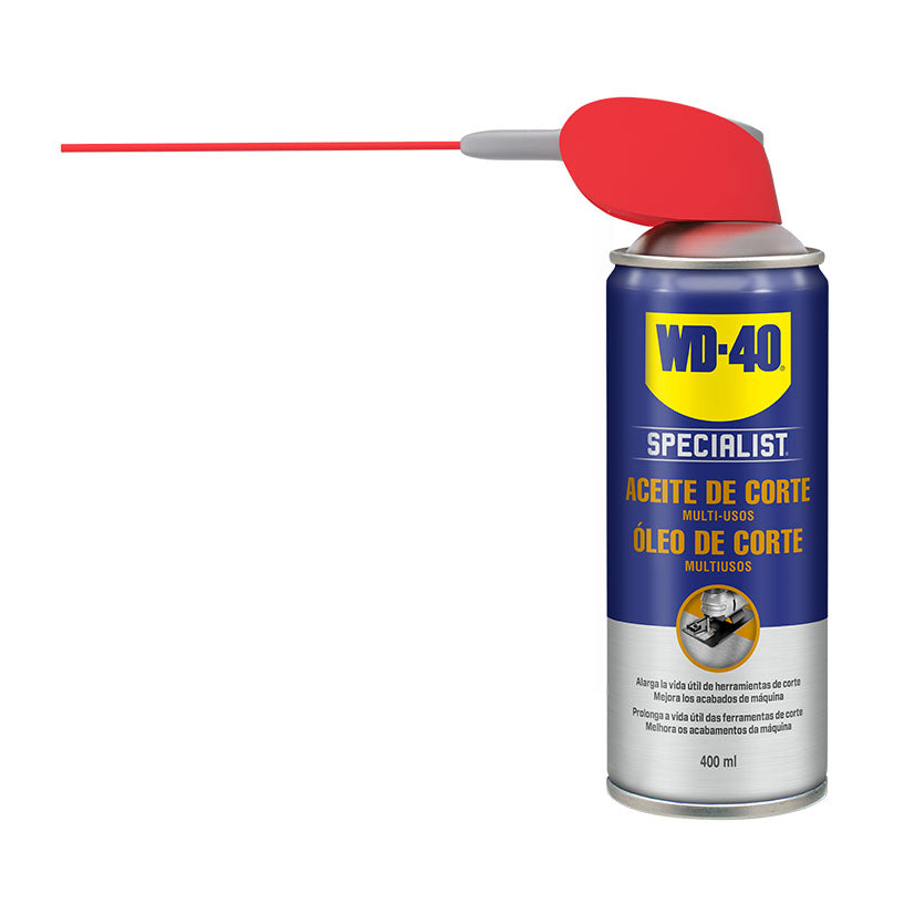 Spray WD-40 Specialist Aceite de Corte con cánula de precisión desplegada para trabajos de perforación y roscado.