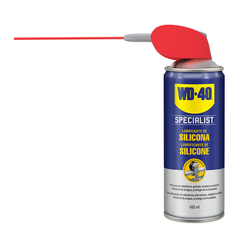 Bote de silicona WD-40 Specialist con cánula desplegada para lubricación de precisión en plásticos y gomas