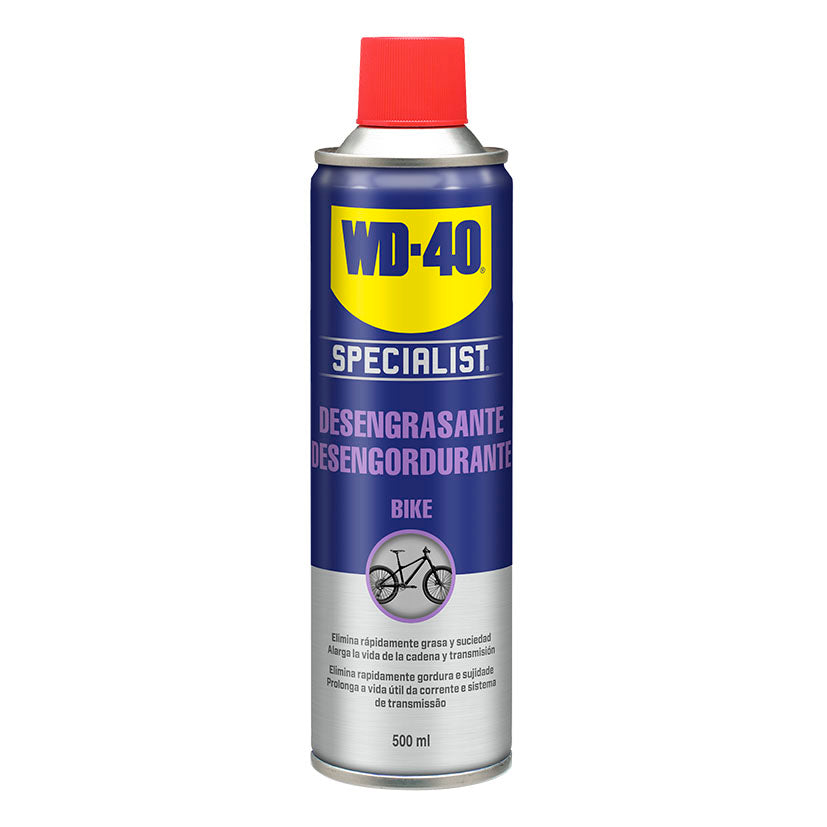 Spray desengrasante WD-40 Specialist Bike de 500ml para limpieza rápida de cadena, platos y piñones de bicicleta.
