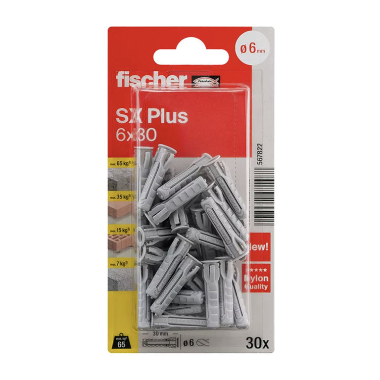 Blister de 30 unidades de tacos Fischer SX Plus 6x30 mm para materiales macizos