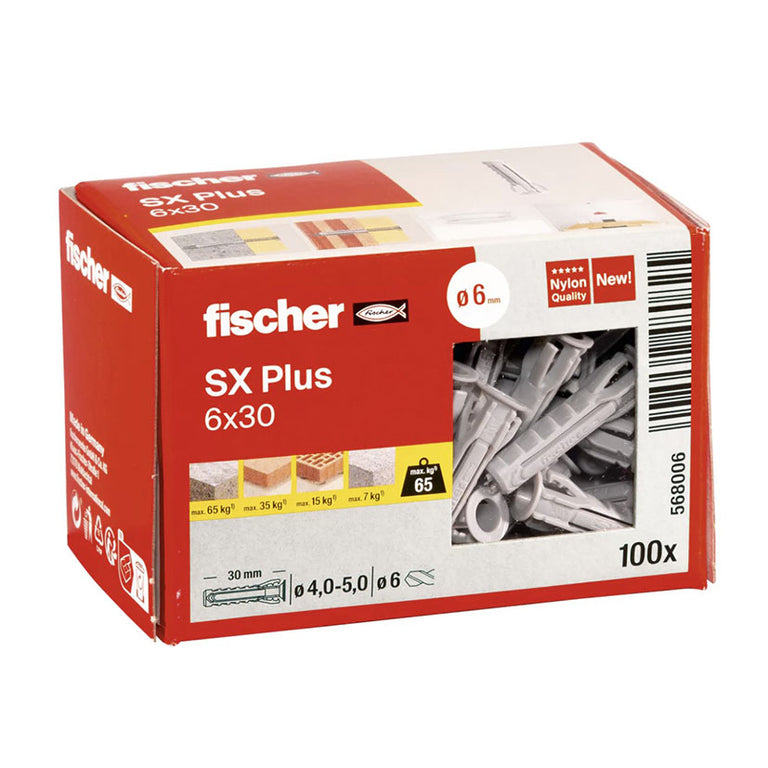Caja de 100 unidades de tacos Fischer SX Plus 6x30 mm con indicadores de carga