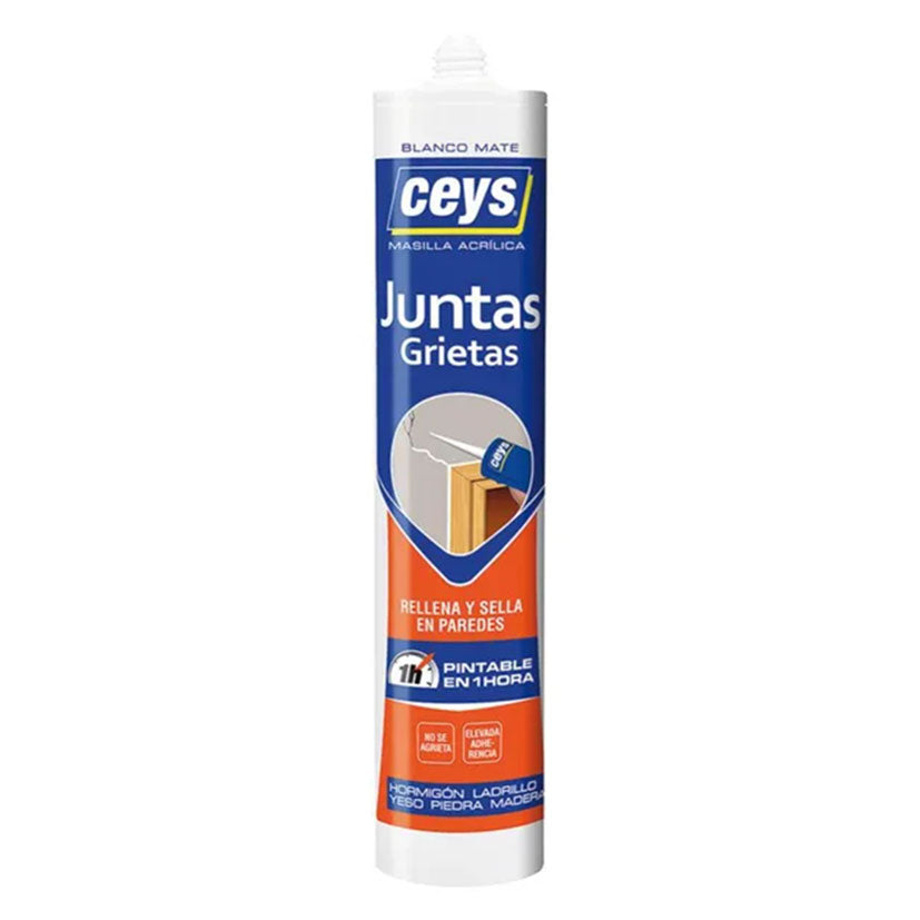 Cartucho de masilla acrílica CEYS Juntas y Grietas color blanco mate de 280ml para sellar paredes y techos