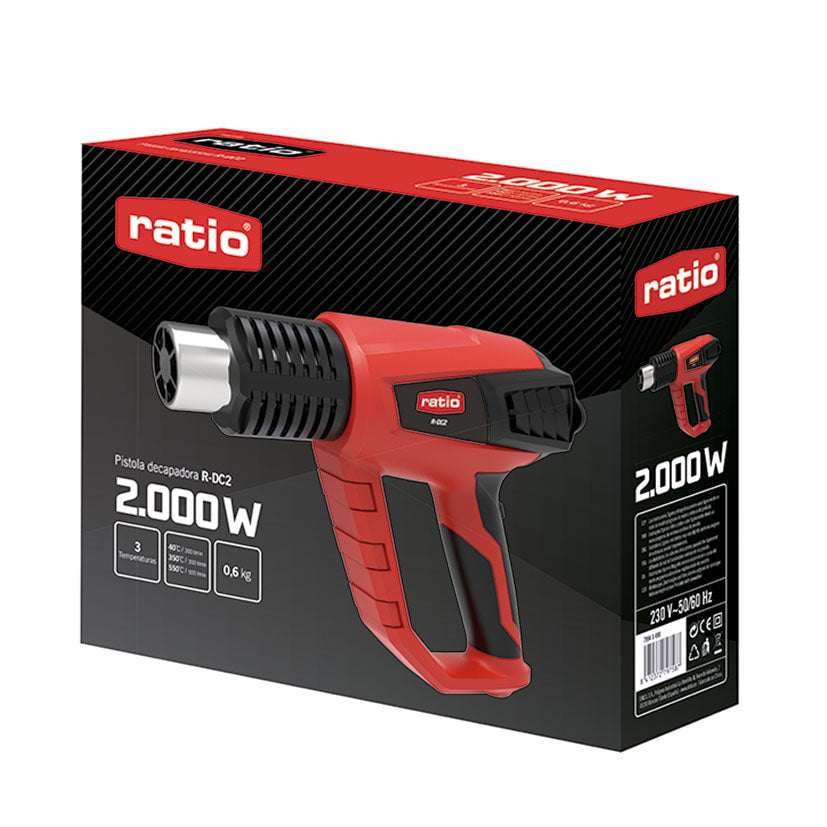 Caja de presentación de la pistola decapadora RATIO R-DC2 2000W mostrando especificaciones y kit de 5 accesorios.