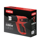 Caja de presentación de la pistola decapadora RATIO R-DC2 2000W mostrando especificaciones y kit de 5 accesorios.