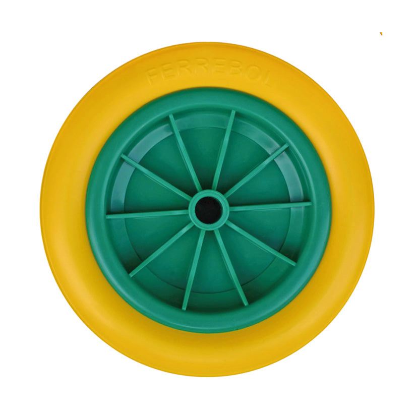 Rueda impinchable Ferrebol de 260 mm amarillo y verde con eje de 20 mm para carretilla de almacén