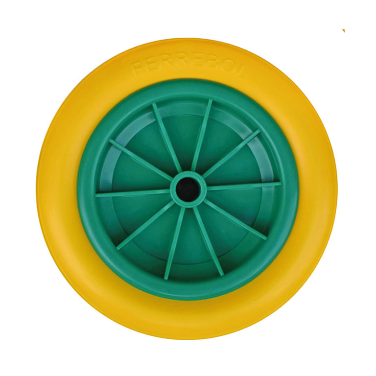 Rueda impinchable Ferrebol de 260 mm amarillo y verde con eje de 20 mm para carretilla de almacén