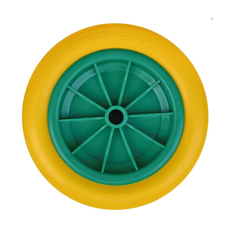 Rueda impinchable Ferrebol de 260 mm amarillo y verde con eje de 20 mm para carretilla de almacén