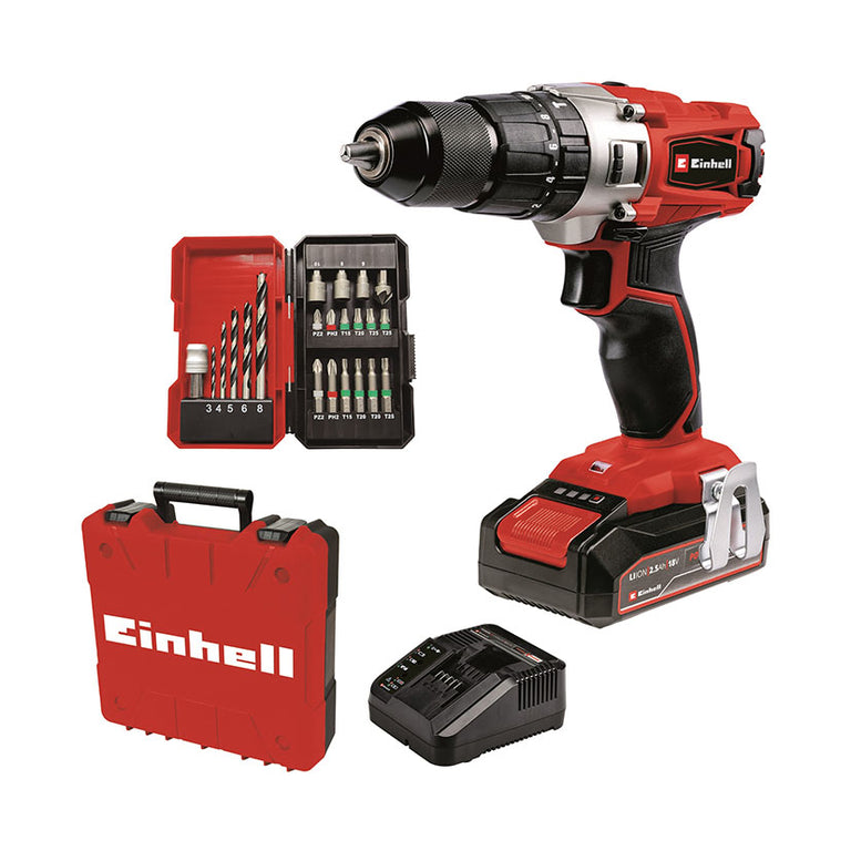 Vista lateral del taladro percutor Einhell 18V con set de brocas y puntas de precisión