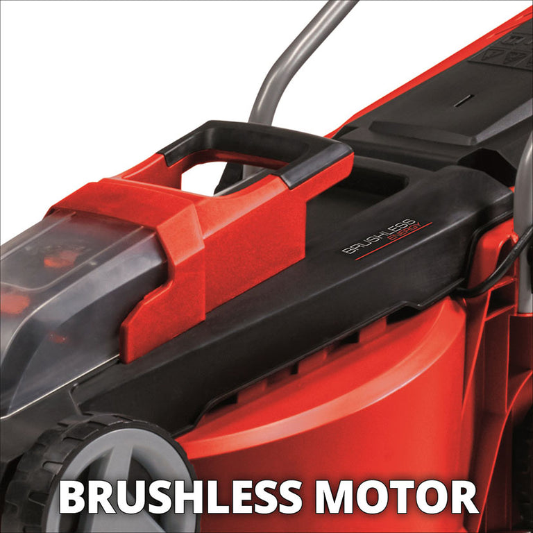 Primer plano del motor Brushless sin escobillas del cortacésped Einhell destacando su eficiencia y potencia.