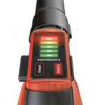 Vista superior del indicador de potencia LED y controles de velocidad del soplador de jardín.