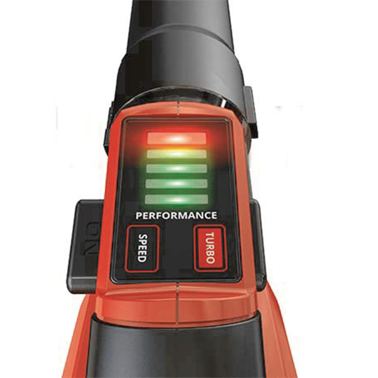 Vista superior del indicador de potencia LED y controles de velocidad del soplador de jardín.