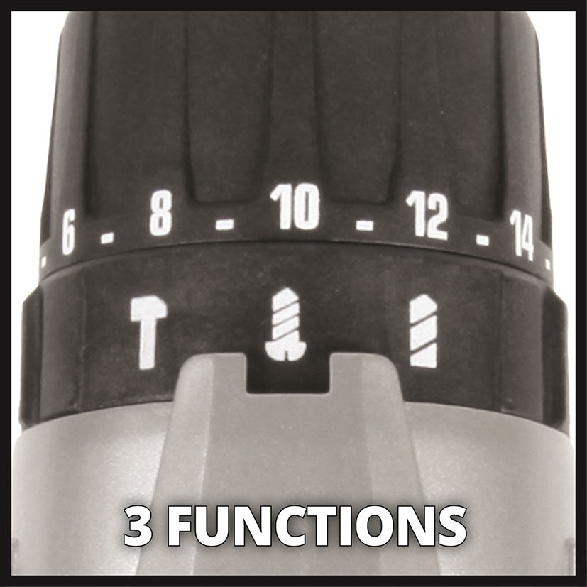 Primer plano del selector de funciones del taladro Einhell: atornillado, taladrado y percusión con 20 niveles de par.
