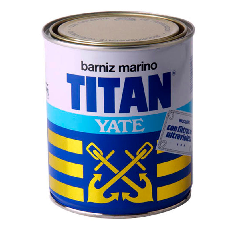Bote de Barniz Marino TITAN Yate brillante de 750ml con filtros ultravioletas para protección de madera en ambientes marinos