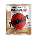 Envase de barniz TITANLUX Decoración color Teca satinado, tecnología de altos sólidos sin marcas de brocha.