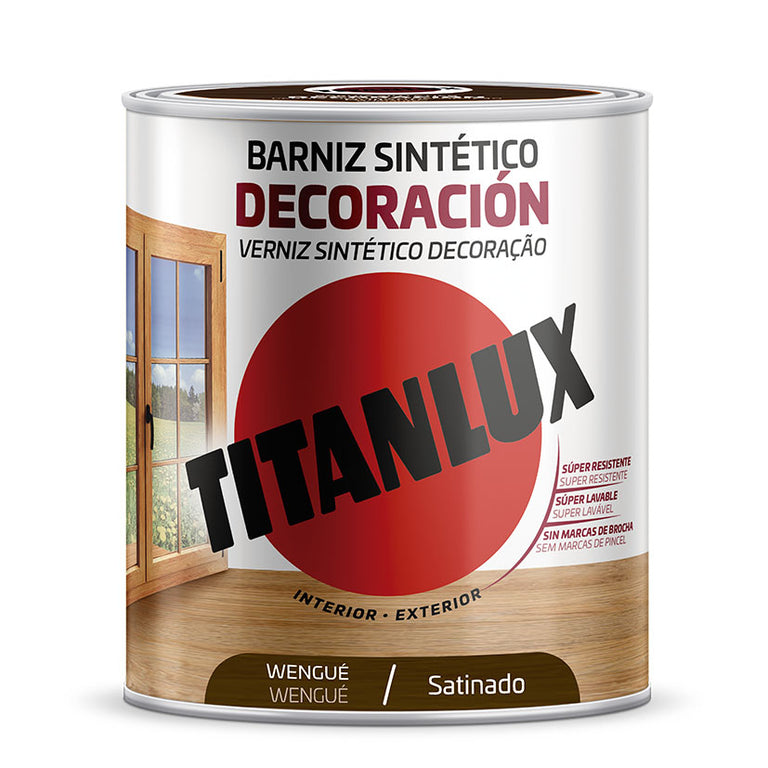 Barniz sintético TITANLUX Decoración color Wengué satinado, protección para muebles y puertas.