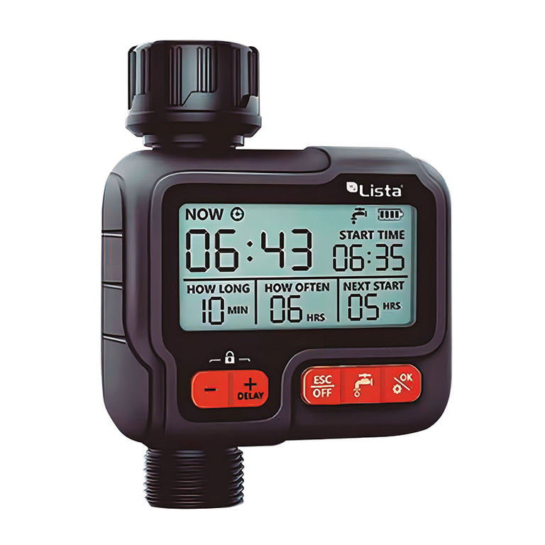 Programador de riego digital Lista PAR-121 con pantalla LCD de gran formato y botones de ajuste.
