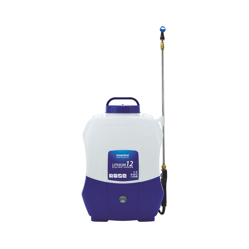 Pulverizador eléctrico DiMartino Lithium 12 de mochila con lanza de acero y depósito blanco de 12 litros.