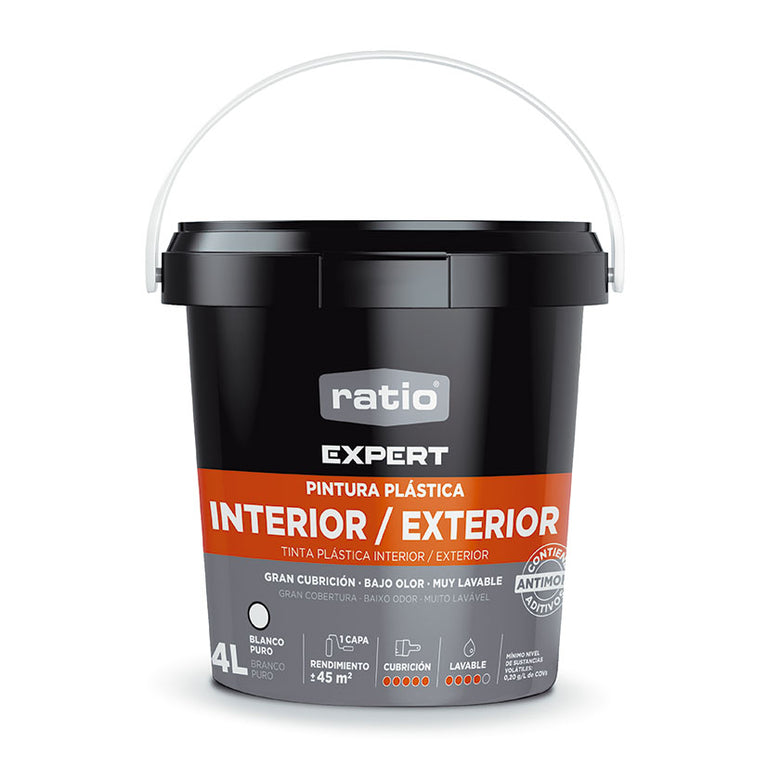 Envase de 4 litros de pintura plástica RATIO Expert acabado mate lavable y bajo olor