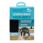 Packaging del pack de 2 estropajos mágicos especial acero inox con instrucciones de uso