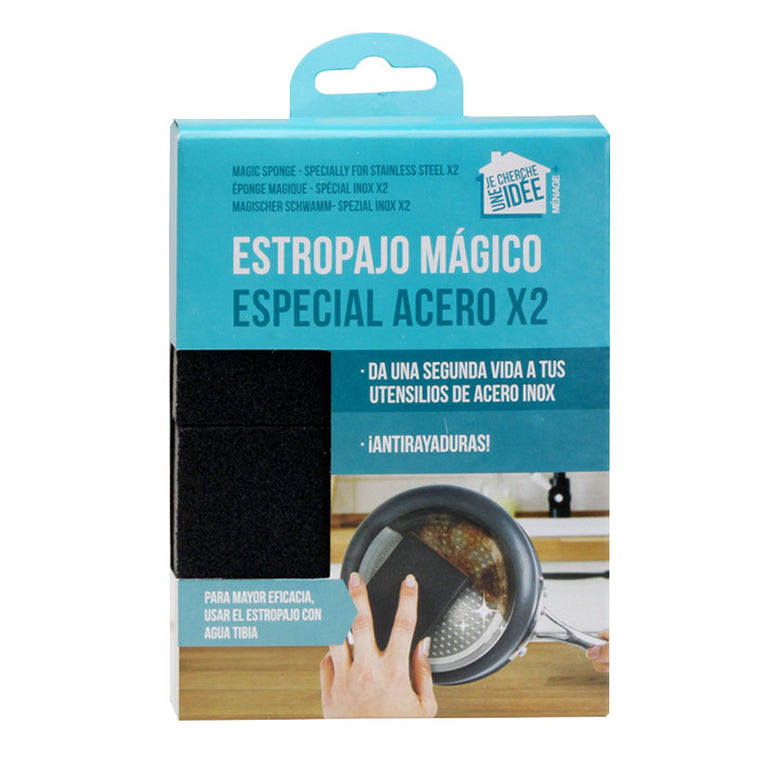 Packaging del pack de 2 estropajos mágicos especial acero inox con instrucciones de uso
