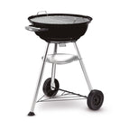 Vista de la parrilla de acero cromado de la barbacoa Weber Compact Kettle con la tapa retirada.