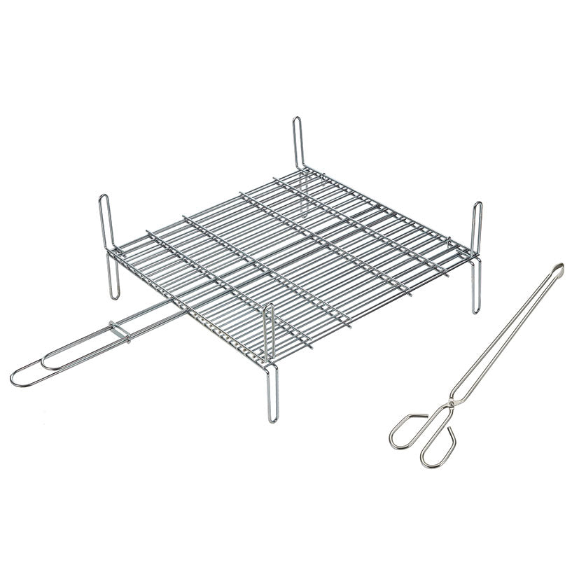 Parrilla doble reforzada Sauvic de 40x45 cm con patas de apoyo y pinza de acero inoxidable