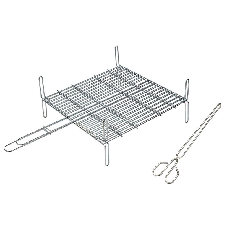 Parrilla doble reforzada Sauvic de 40x45 cm con patas de apoyo y pinza de acero inoxidable