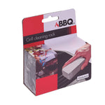 Caja del producto piedra de limpieza BBQ 10x6x4 cm ilustrando su uso manual sobre una parrilla