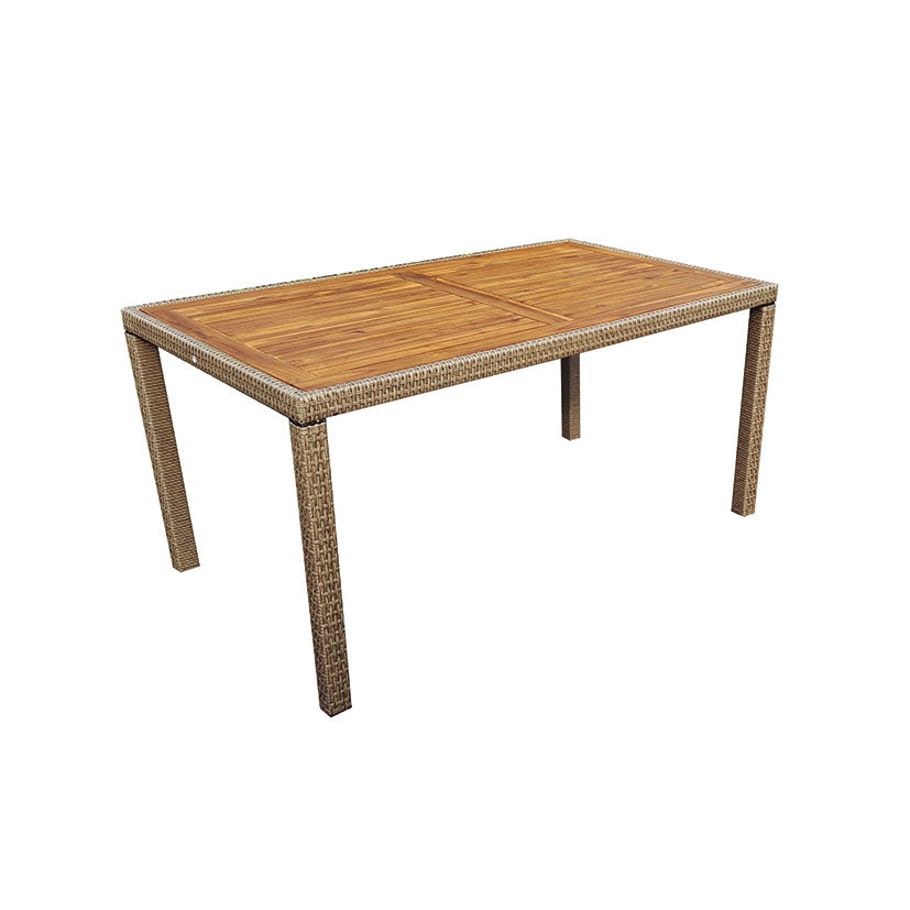 Mesa de jardín rectangular serie Tahití con tablero de madera de acacia y estructura de ratán sintético marrón.