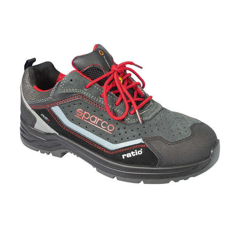 Zapato de seguridad RATIO by Sparco Huracán gris y rojo, piel velour perforada, suela antideslizante profesional.