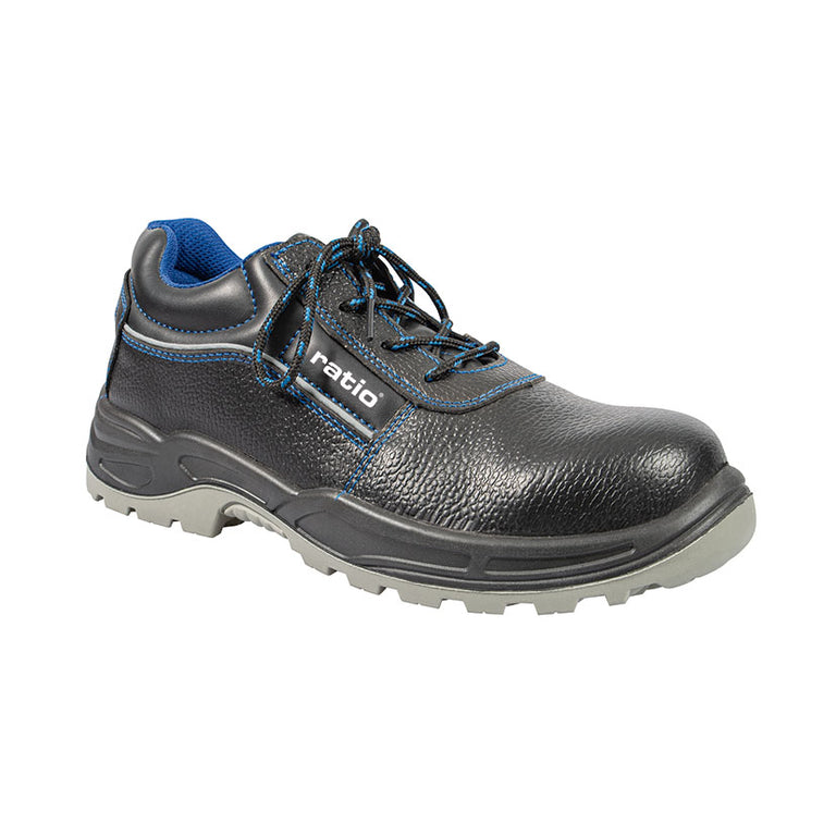 Zapato de seguridad RATIO Teide S3 en microfibra negra con detalles azules y suela gris antideslizante.
