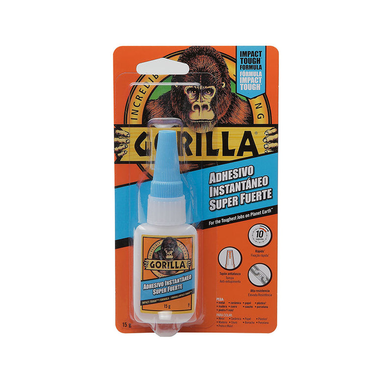 Bote de Adhesivo Instantáneo Gorilla 15g con fórmula Impact-Tough y tapa anti-obstrucciones azul