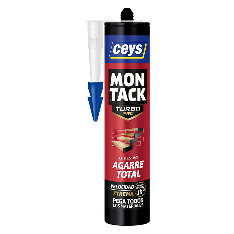 Cartucho de adhesivo de montaje Ceys Montack Turbo Pro de 450g con boquilla aplicadora y aviso de secado rápido en 15 minutos.