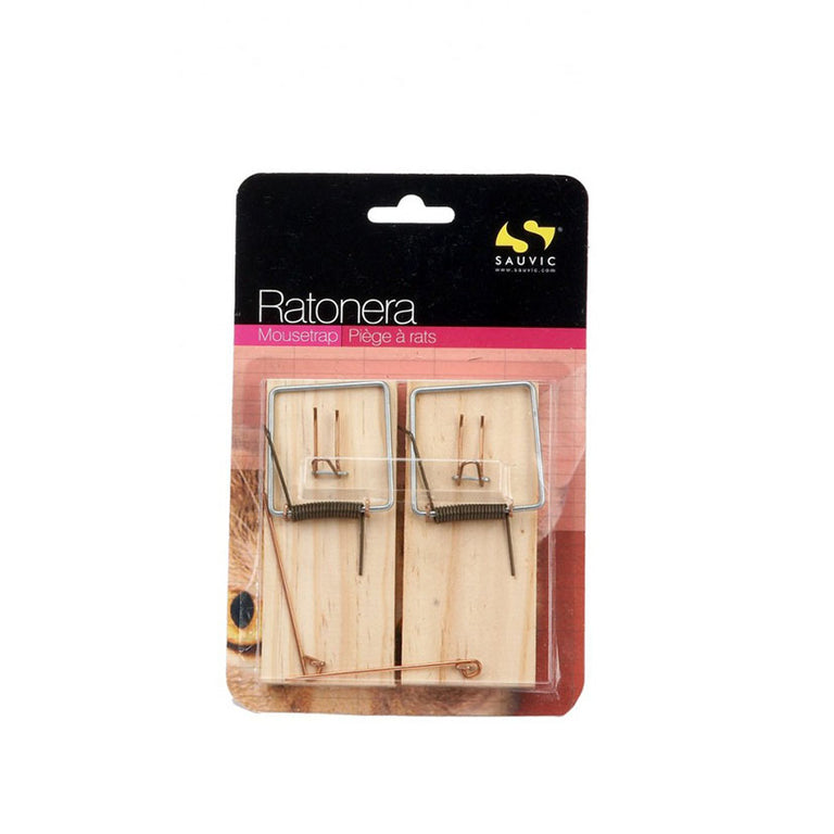 Pack de dos ratoneras de madera Sauvic de 50x100 mm con mecanismo de resorte metálico.
