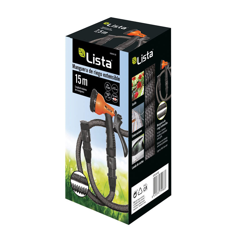 Caja de producto manguera extensible LISTA 15m con especificaciones técnicas y usos