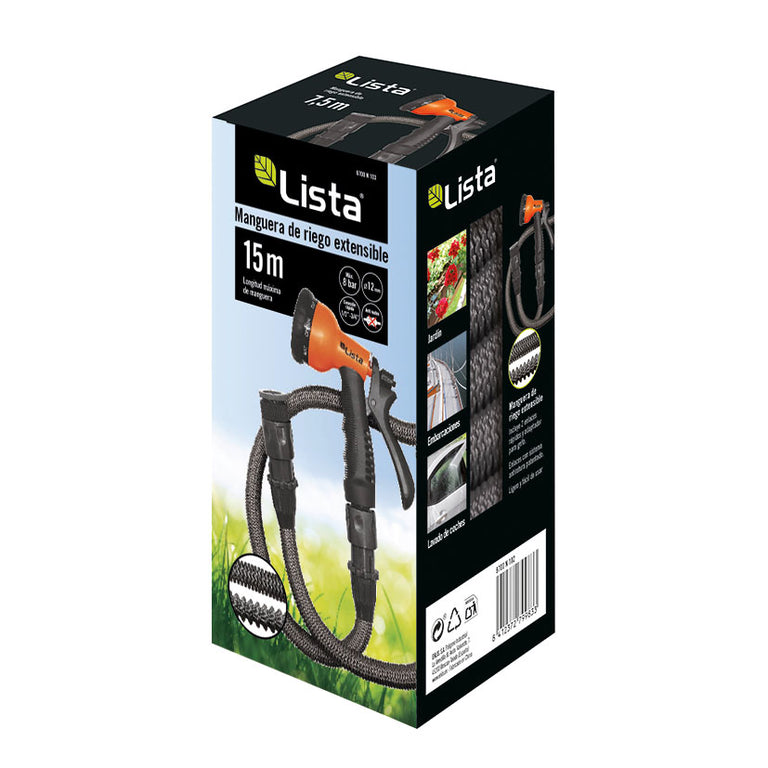 Caja de producto manguera extensible LISTA 15m con especificaciones técnicas y usos