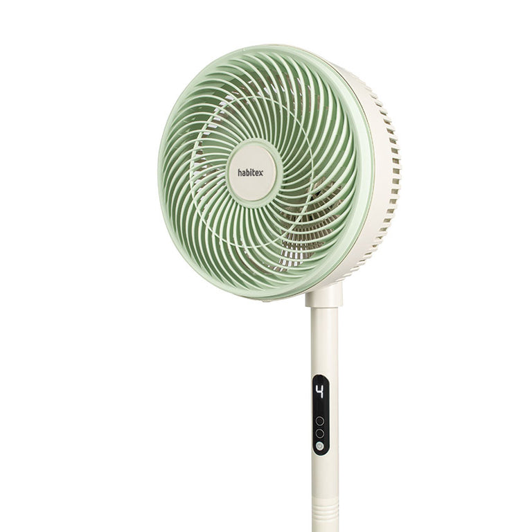 Primer plano del cabezal oscilante del ventilador HABITEX VPM91 con rejilla espiral