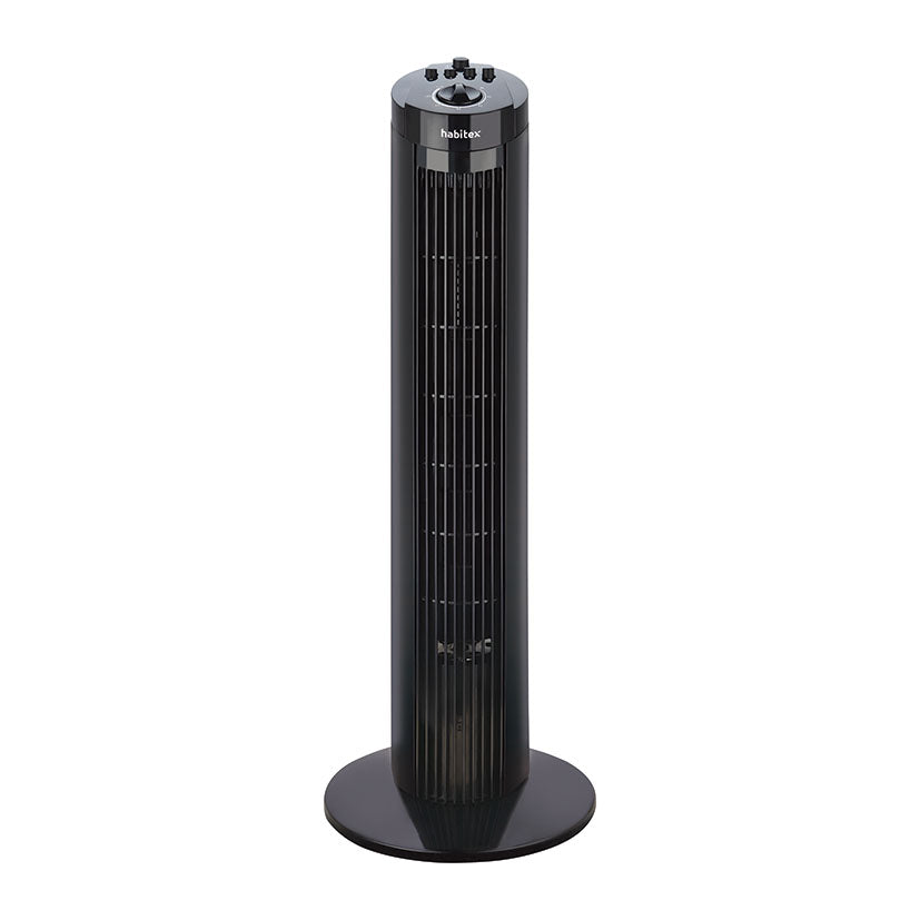 Ventilador de torre HABITEX VT092 negro con panel de control superior y base circular estable.